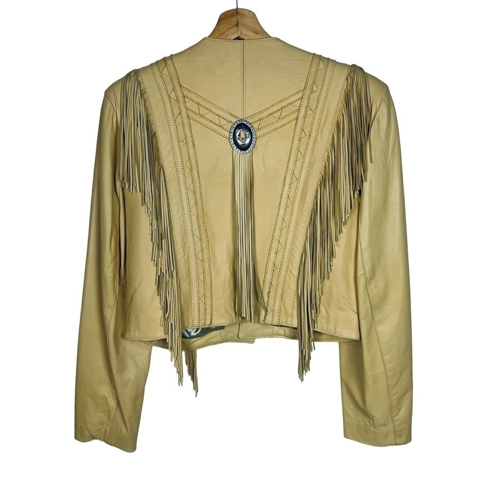 VINTAGE CONTINENTAL LEATHER SOUTHWEST BOLERO FRINGE CONCHO LAMB JACKET SKIRT SET - Picture 6 of 16